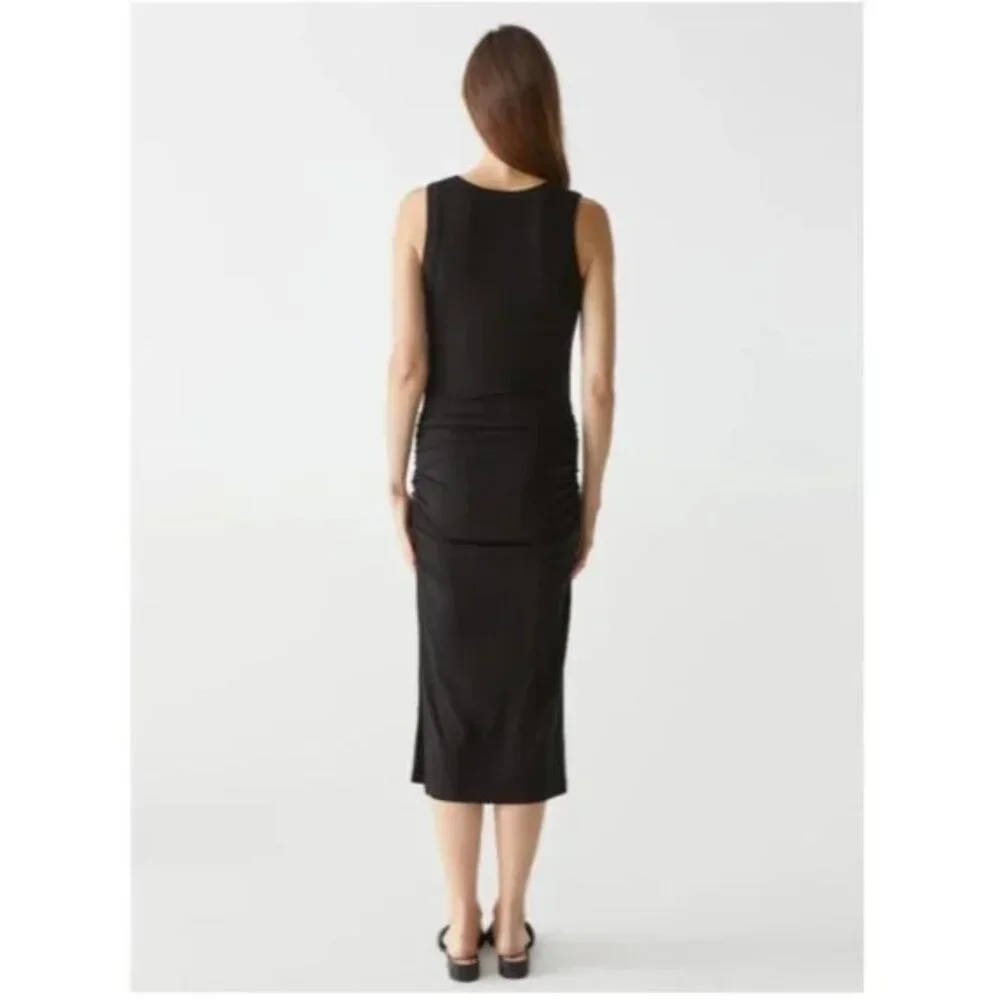 MICHAEL STARS Black Ribbed Midi V-Neck Side Slit Dress SMALL Lori Revolve Ruched - Picture 4 of 10